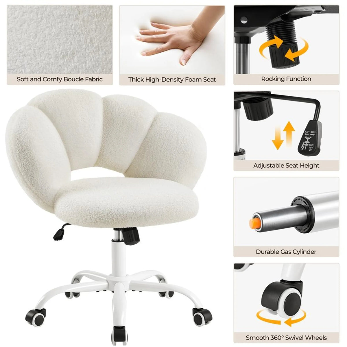 Yaheetech Bürostuhl in Wolkenform – Ergonomisch, Bouclé, 60 × 70 × 72–82 cm – Weiß