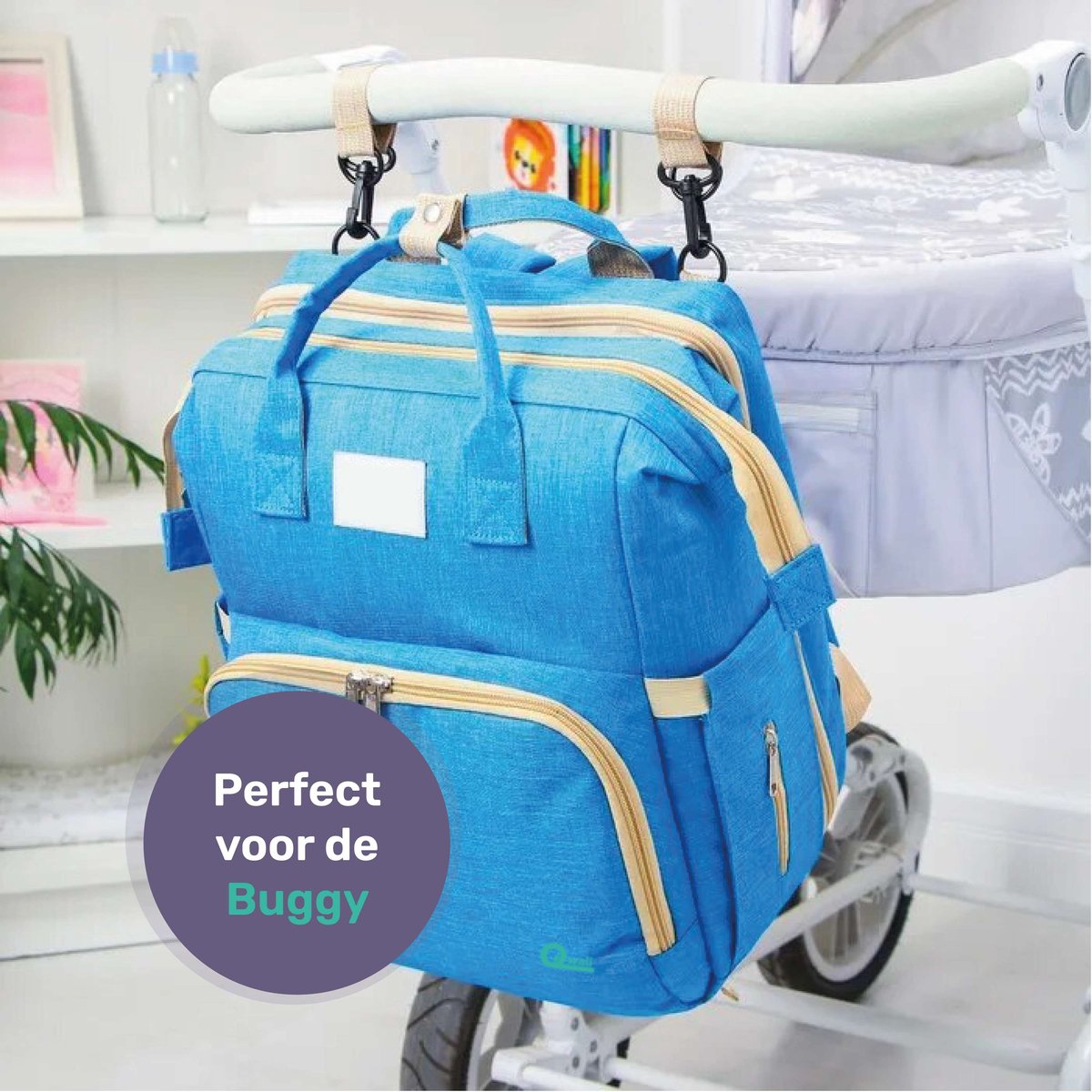 Qwali Wickeltasche, ausziehbar zum Bettchen – 7 Flaschenhalter – Blau-Grau