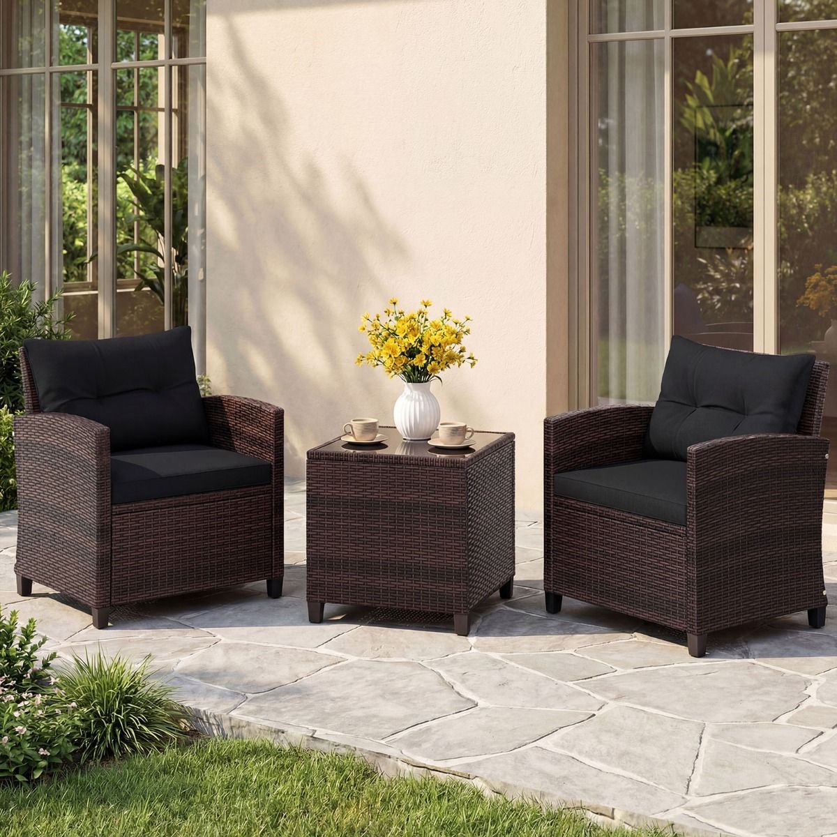 Coast 3-teiliges Gartenset – Rattan-Bistro-Set mit 2 Stühlen und einem Tisch – Hartglas und Kissen – schwarz