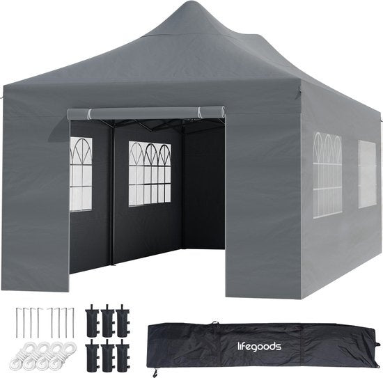 LifeGoods Partyzelt - Pavillon - 3x6 m - Seitenwände - leicht aufbaubar - faltbar - wasserdicht - Tragetasche mit Rädern - dunkelgrau