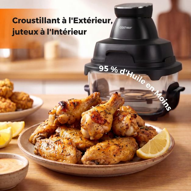 Coast Airfryer 4L – Heißluftfritteuse mit Glasgehäuse – 1500 W – Zwei stapelbare Frittierkörbe – Deckel – Thermostat bis 220 °C – Schwarz