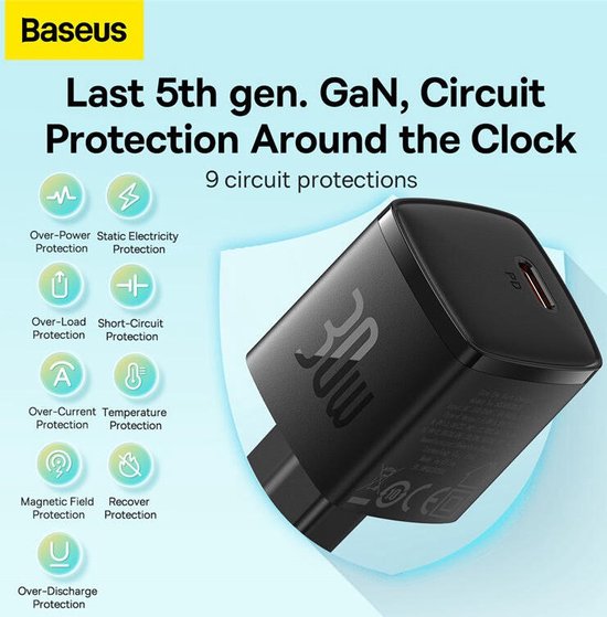 Baseus GaN5 30 W Kompaktes Schnellladegerät USB-C PD Schwarz