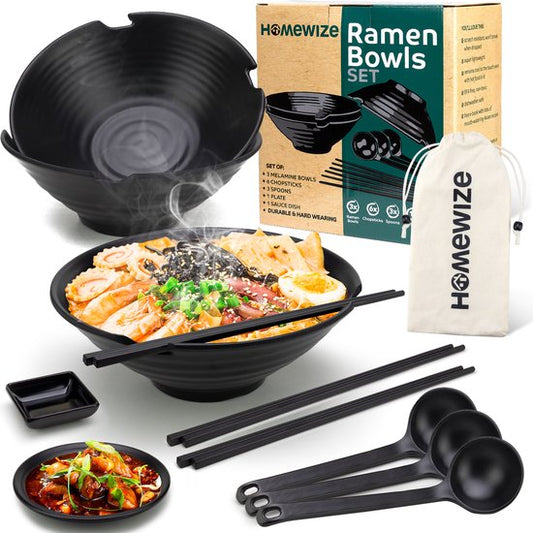 Homewize - Ramen Bowl 3x - Set 14-teilig - Nudelschüssel-Set mit Suppenlöffel & Essstäbchen - stark & spülmaschinenfest - schwarz