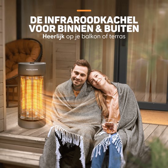 Vulpes Goods® Tech - Infrarotheizung - Elektroofen - Infrarotheizung - Heizung - Zusatzheizung für drinnen und draußen - 1200W - 120°/360° Rotation - 2 Wärmestufen - Kompakt & Tragbar - Geräuschlos - IPX4 Wasserdicht - Schwarz