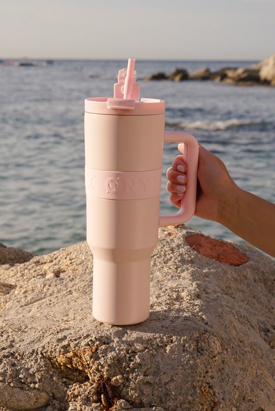 ONYX Trinkflasche mit Strohhalm 1,2 Liter - Wasserflasche für Kinder & Erwachsene - Thermosbecher Reisebecher - Motivationstrinker - Trinkbecher für die Schule - Pink