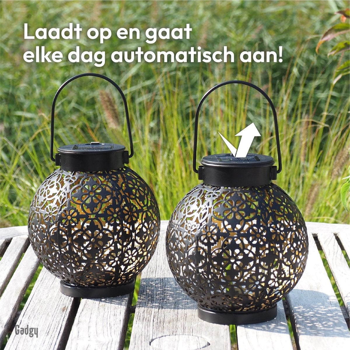 Gadgy Solar Laterne rund - 2er Set - Schwarz - Metall - Solar Gartenbeleuchtung - Led Außenbeleuchtung mit Tag/Nacht Sensor - Tischlampe - Hängelampe - Gartenlaterne - 15.5 x Ã˜ 13.5 cm