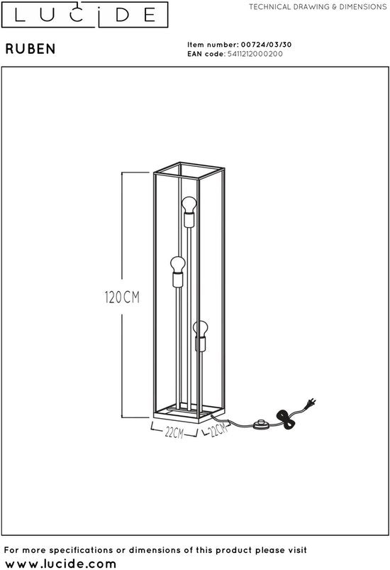 Lucide RUBEN – Stehlampe – 3xE27 – Schwarz