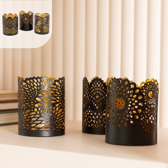 Gadgy Teelichthalter Rund - Teelichthalter 3er Set Dekoration Wohnzimmer - Stimmungsvolle Beleuchtung Innenräume - Kerzenhalter für Teelichter 8,5x10,5 cm - Windlicht Metall - Schwarz/Gold - Geschenk für Frau - Spitzenmuster