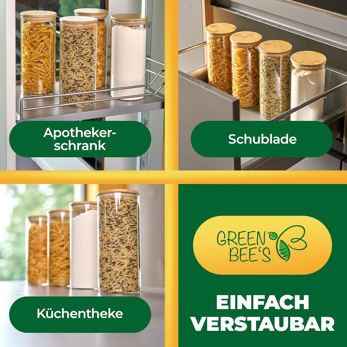 GREEN BEE`S Vorratsglas groß - 2x1500ml Neues Modell - Passgenau für Schublade & Apothekerschrank - Nachhaltige Vorratsgläser mit Deckel luftdicht - Für Mehl, Zucker, Nudeln, Kaffee & Haferflocken