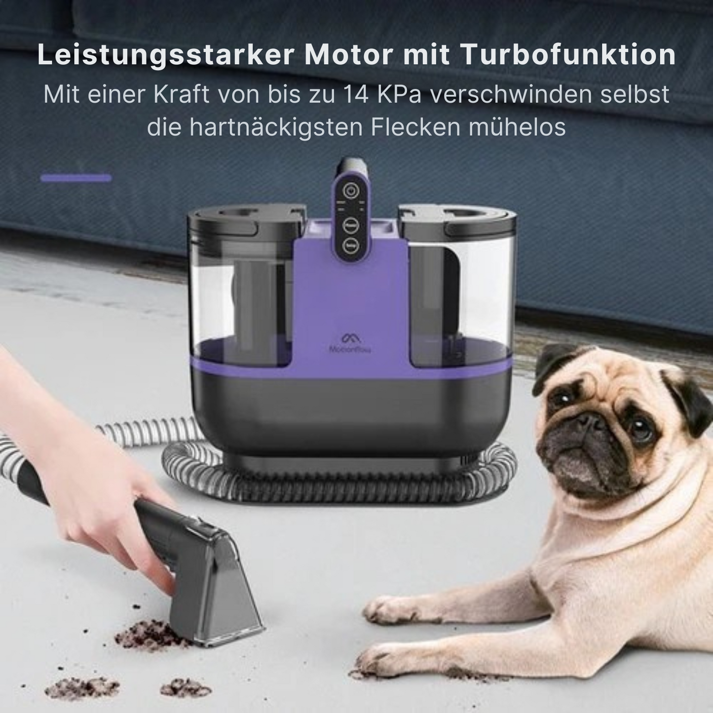 Motionflow Teppichreiniger - Turbo- & Heizfunktion - 1200 W - Schlauchlänge 1,7 Meter - inkl. Reinigungsmittel - Lila