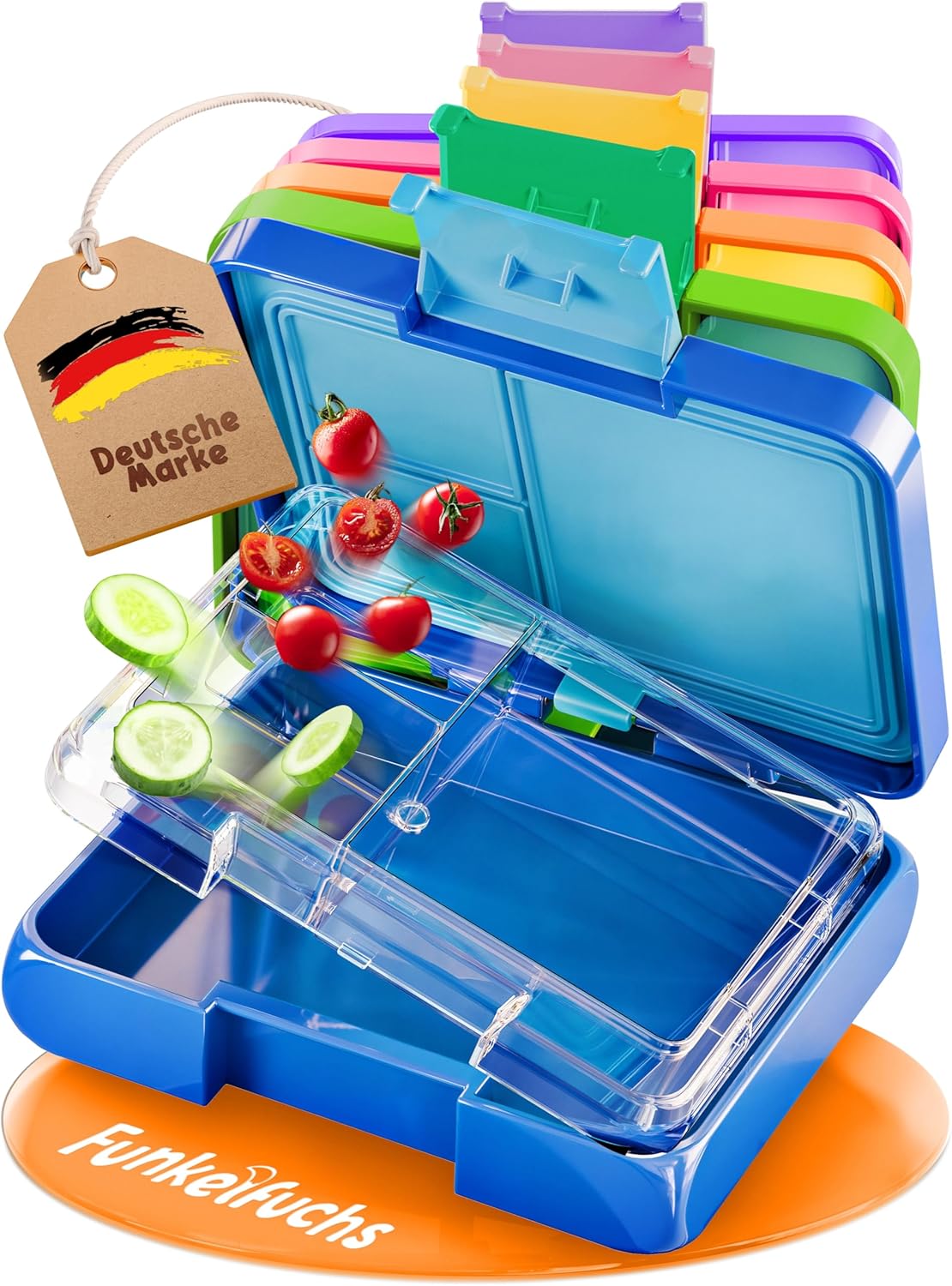 Funkelfuchs® - Lunchbox Kids mit Fächern - 500ml, blau - Lunchbox Stern, klein - Brotzeitbox, Snackbox, Lunchbox, Brotzeitbox, bento box kids - für Schule, Kindergarten und Krippe
