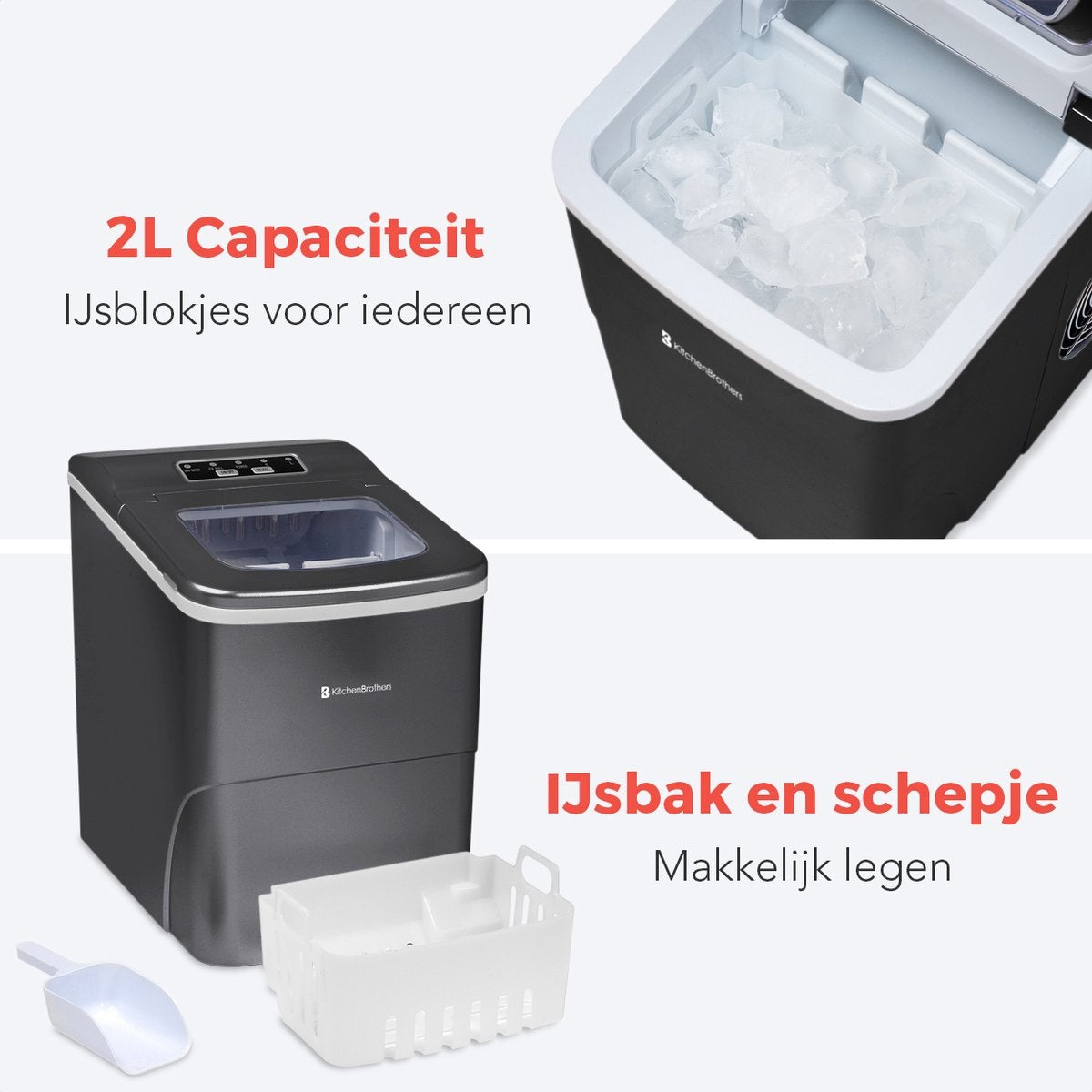 KitchenBrothers Eiswürfelbereiter - 2 Liter - Mit Eisportionierer - Schwarz