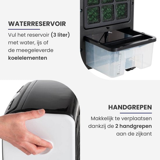 HomeTech FL-1701R Mobiler Luftkühler mit 3 Geschwindigkeiten - Mobiler Luftkühler mit Fernbedienung - 3 Betriebsmodi und Timer - Schwarz/Weiß