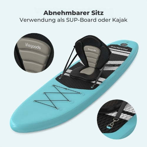 LifeGoods SUP Board - Mit Sitz - Aufblasbares Paddle Board - Komplettset - Max. 135KG - 320x81cm - Mintgrün/Schwarz