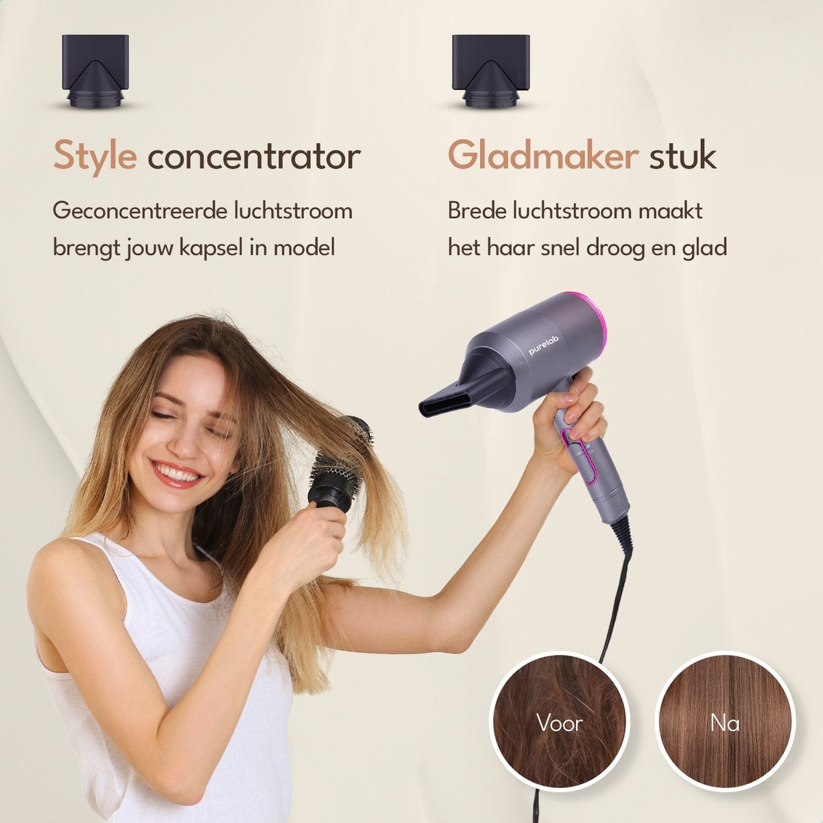 Purelab Haartrockner mit Diffusor - Ionen-Haartrockner - 3 Stufen - Schwarz
