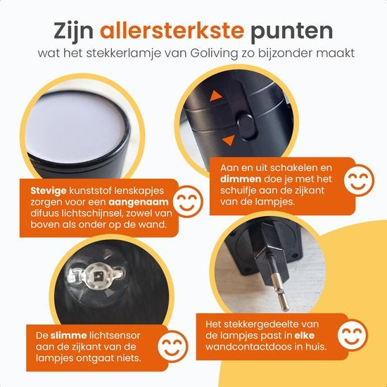 Goliving Nachtlicht Sockel - 2 Stück - Plug Lights - 10,7 x 9,3 cm - Erwachsene - Obere und untere Beleuchtung - Dimmbar - Tag- und Nachtsensor - Plug Light - Schwarz