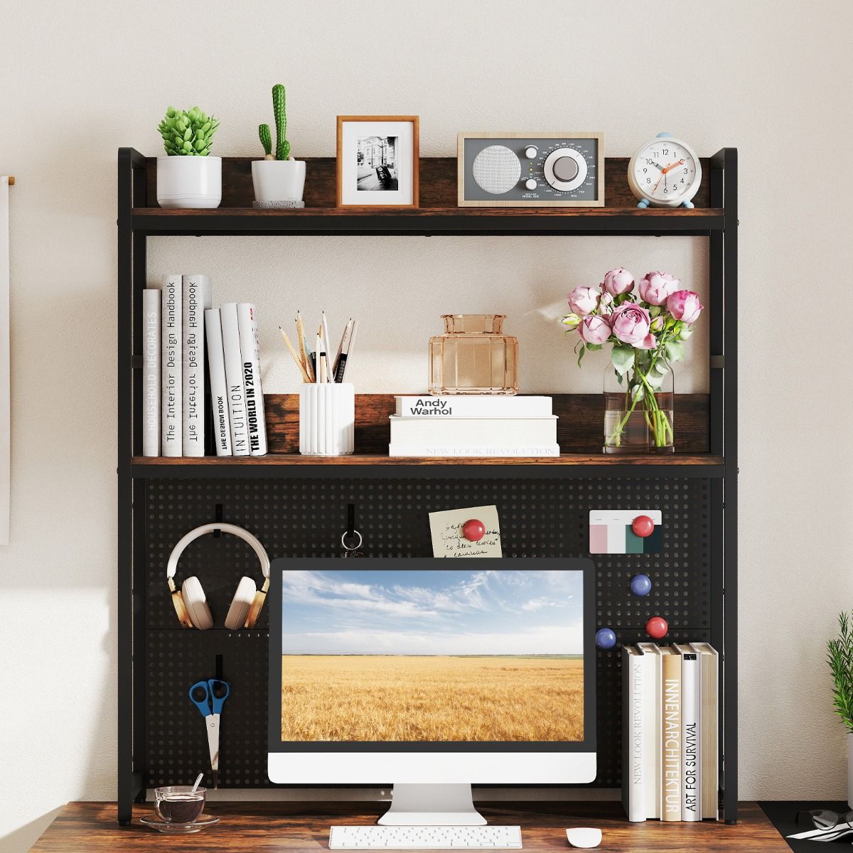 Coast Schreibtischregal mit Pinnwand & Metallrahmen, 2-stöckiges Bücherregal, 94x27x103 cm, rustikal braun & schwarz