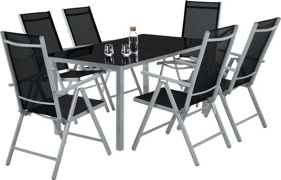 tectake Sitzgarnitur Aluminium Klappstühle, Loungeset mit 6x Stühlen und 1x Glastisch Esstisch, Gartenmöbelset wetterfest für Balkon, Gartenstühle, Terrassenmöbel, Liegestuhl - silber
