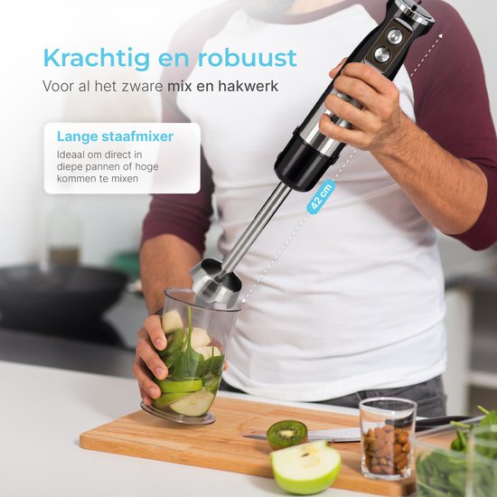 Goodforce 7-teiliges Stabmixer-Set - Inklusive Zerkleinerer, Schneebesen, Milchaufschäumer, Quirl & Messbecher - leistungsstark & spülmaschinenfest - 12 Geschwindigkeiten + Turbofunktion - 1000W - PFAS-frei