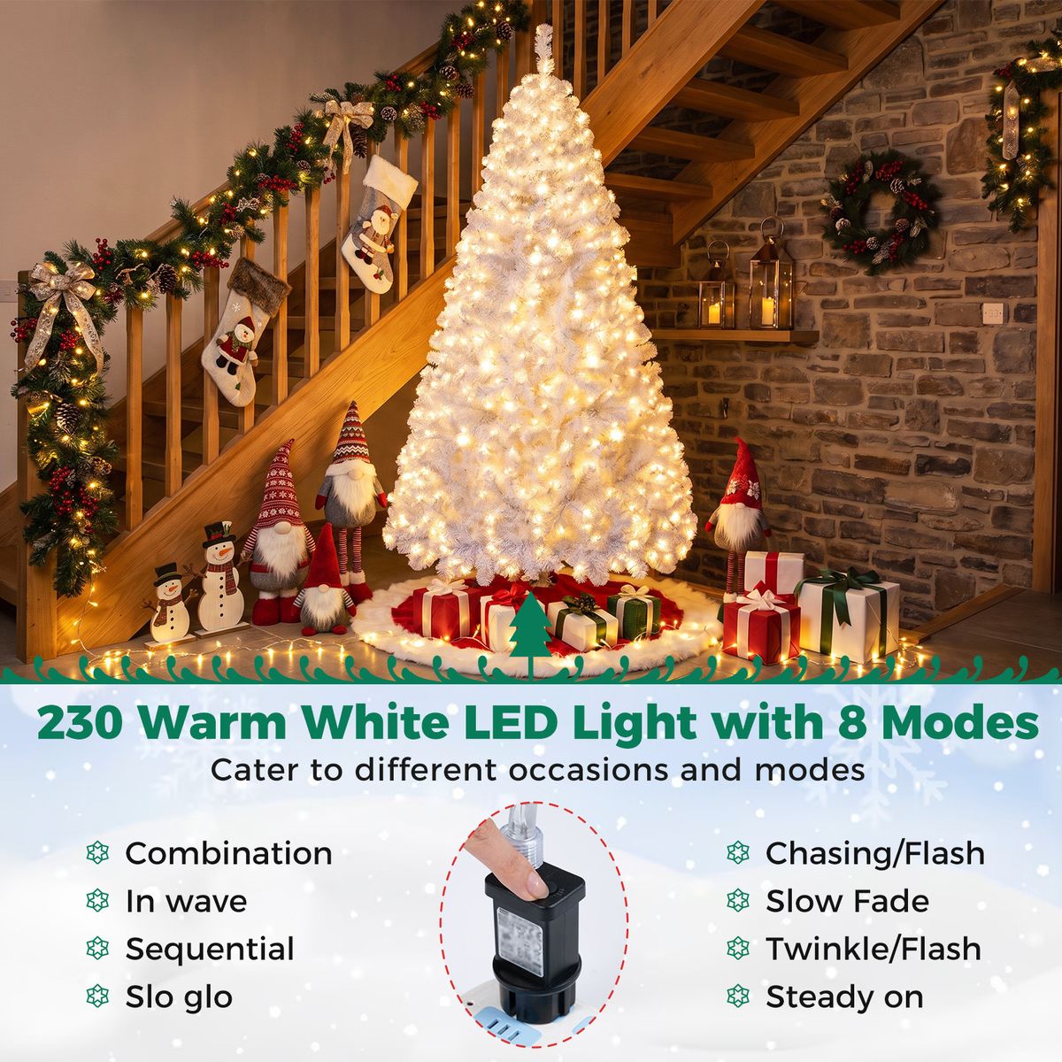 Coast Kunstweihnachtsbaum – 180 cm – 230 warmweiße LED-Lämpchen – 8 Beleuchtungsmodi – Schneeeffekt