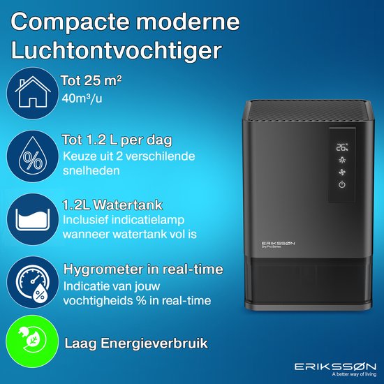 Erikssøn Luftentfeuchter Dry Pro Series - Entfeuchtet bis zu 1,2 Liter pro Tag - Geeignet für Haus, Schlafzimmer und Badezimmer und Wohnzimmer und Keller - Luftentfeuchter - Schwarz