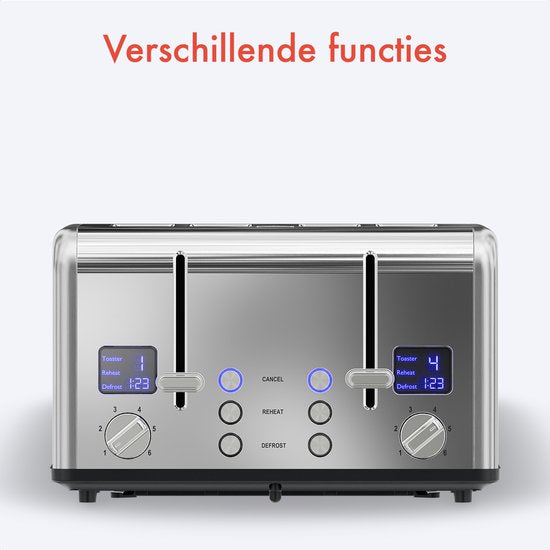 KitchenBrothers Toaster - Toaster - 6 Heizstufen - 4 extra breite Schlitze - 1630W - Edelstahl/Silber