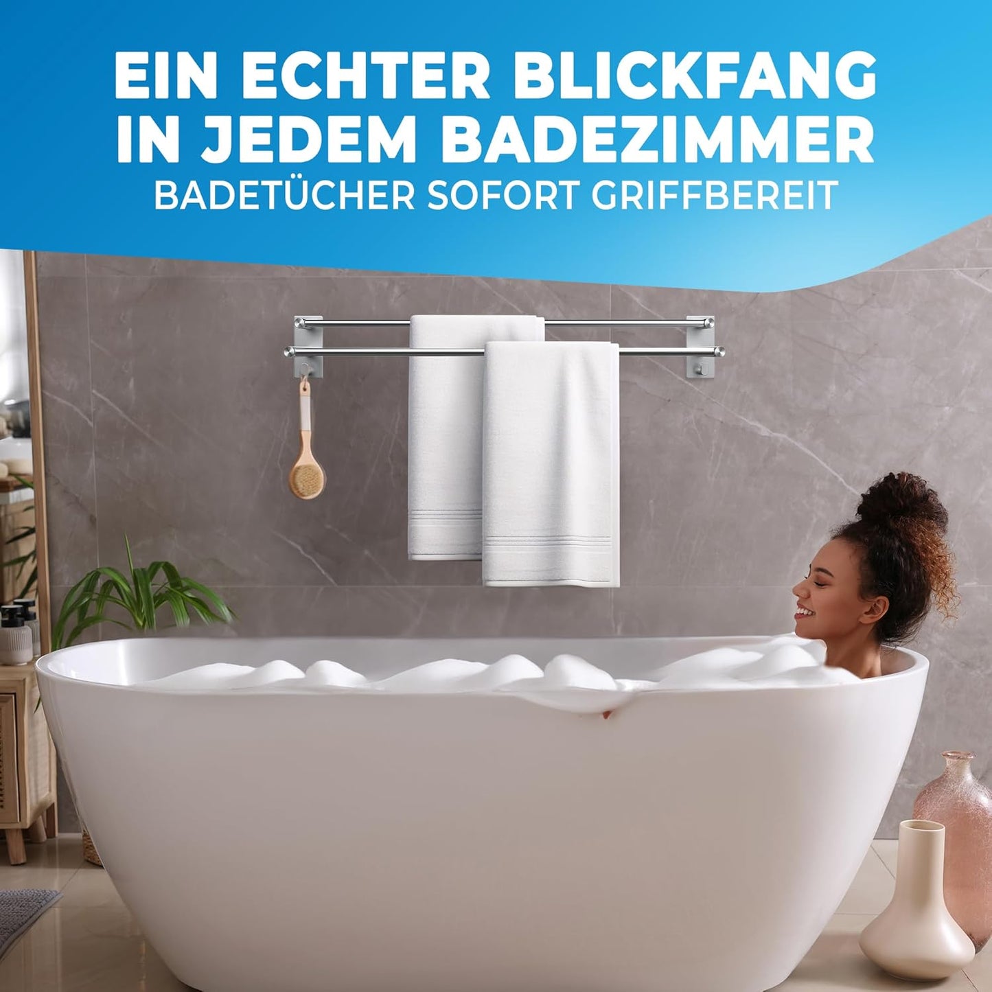 LOBUX® - Handtuchhalter ohne Bohren - 60cm, Edelstahl - Handtuchhalter Bad doppelt, selbstklebend - Handtuchhalter, Handtuchhalter inkl. 2 Handtuchhaken - für Bad, Duschwand, Küche