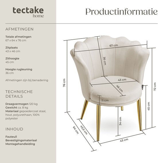 tectake® Sessel Stella – Schalensessel mit Armlehnen – Bequemer Esszimmerstuhl – Küchenstuhl – Dicke Polsterung – Für Wohn- und Esszimmer – Mit Samtbezug – Creme/Gold