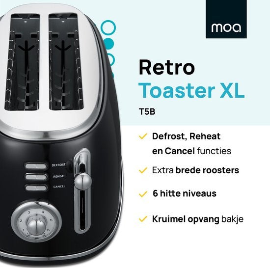 MOA Retro Toaster XL - 6 Heizstufen - 4 Sandwiches gleichzeitig - 1500W - Aufwärm- und Auftaufunktion - Schwarz