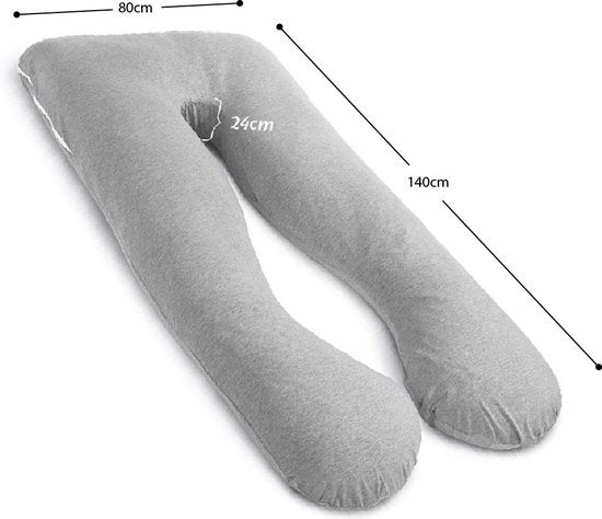EL Life Umstandskissen XXL U-Shape - Stillkissen - Seidenschlafkissen - Körperkissen - abnehmbarer Jersey-Baumwollbezug - 140x80cm - Hellgrau
