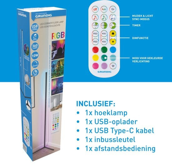 Grundig LED Stehleuchte - Stehleuchte 140cm - Dimmbares RGBW und weißes Licht - Inkl. Fernbedienung und Musiksensor