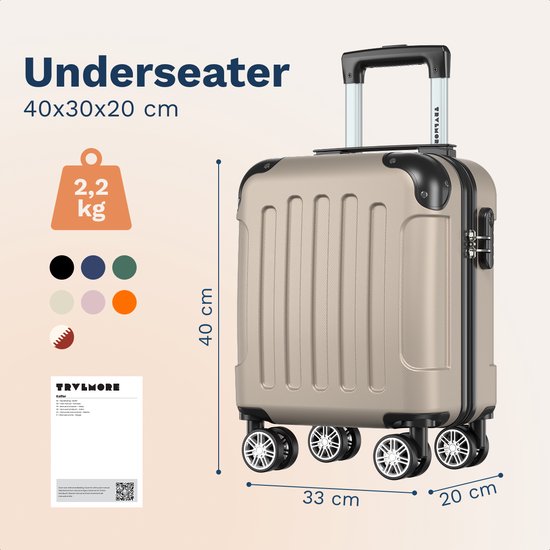 TRVLMORE Handgepäckkoffer – 40 x 30 x 20 cm – Unter-dem-Sitz-Koffer – 24 l – Zahlenschloss – 4 Rollen – Champagner