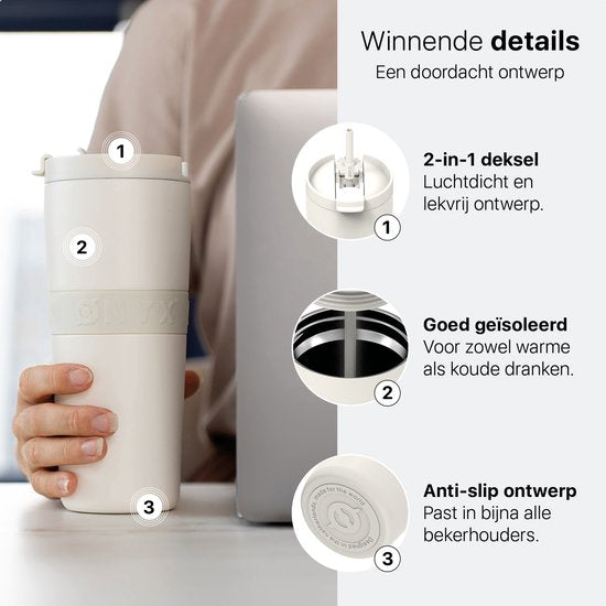 ONYX Trinkflasche mit Strohhalm 700ML - Trinkflasche für Kinder & Erwachsene - Thermosbecher Edelstahl Reisebecher - Motivationstrinker - Trinkbecher für die Schule - Coco White