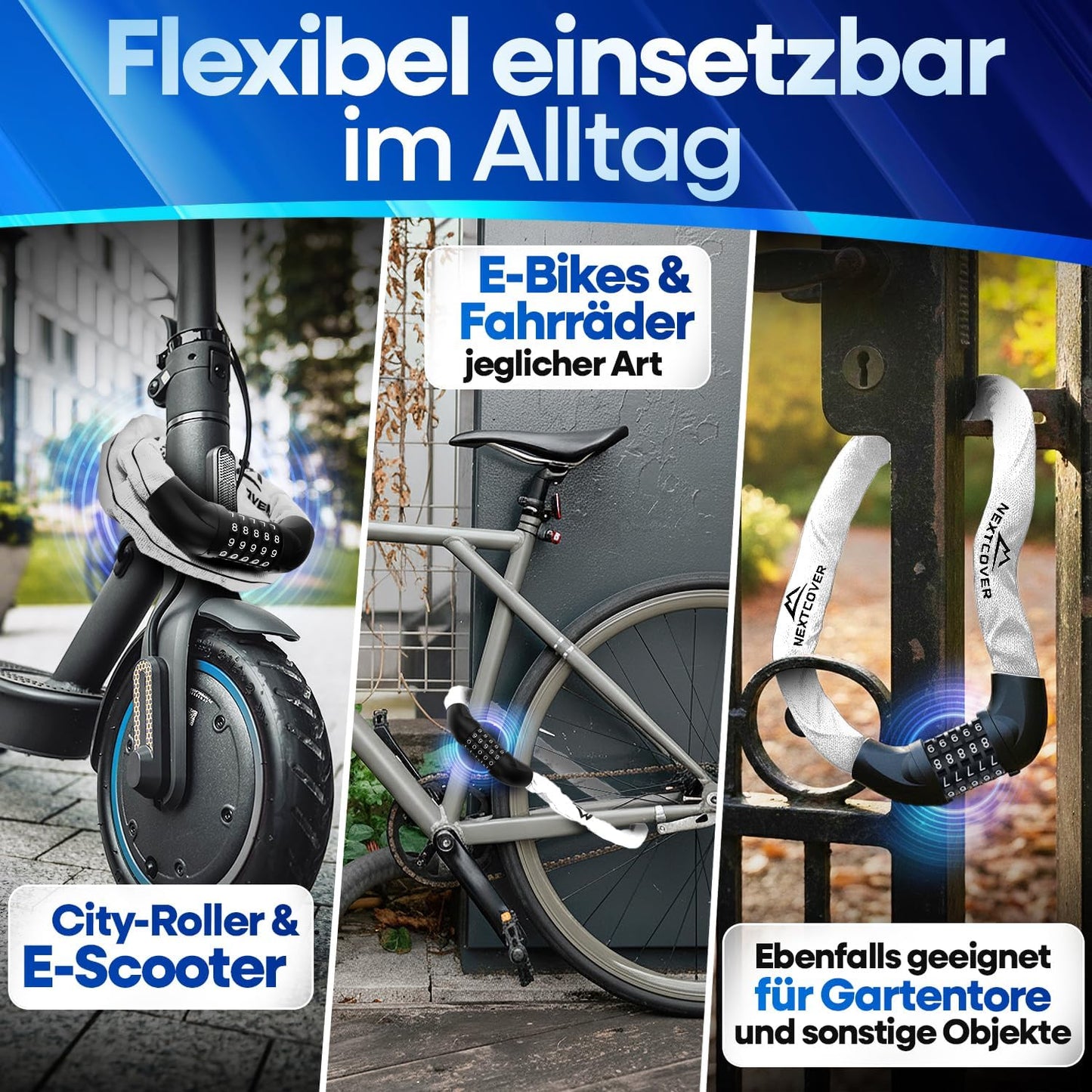 NEXTCOVER® Fahrradschloss LockOne mit Zahlencode I - [SAFESECURE] Zahlenschloss - Sehr robust - 90 cm lang - Reflektierend