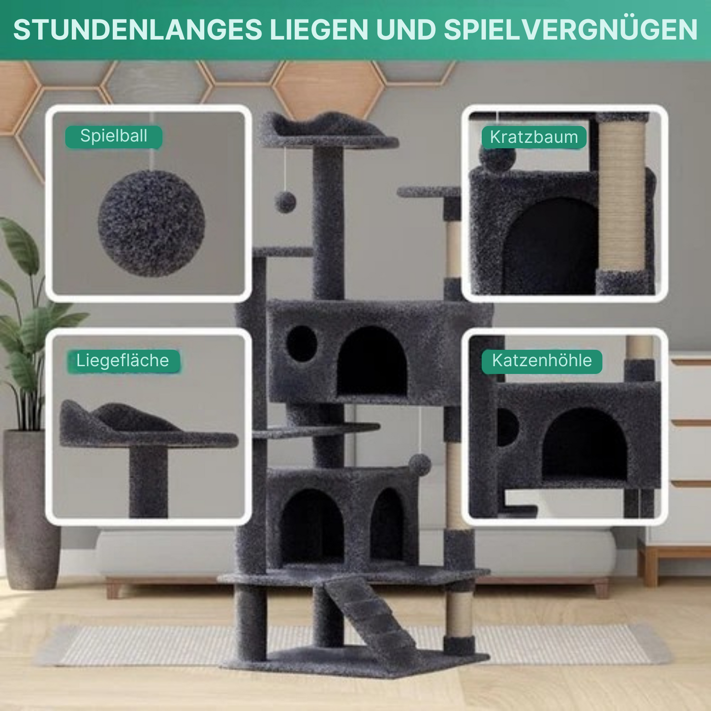 Avalo - Katzenkratzbaum - mit 7 Ebenen - 137x50x50 CM - Kratzbaum für große Katzen - Dunkelgrau