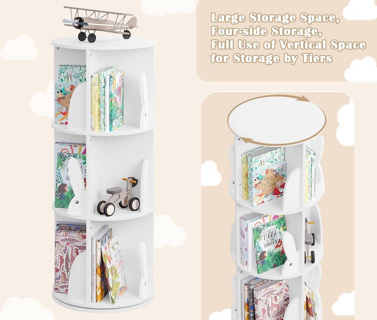 Woltu Kinderbücherschrank – drehbar – 3 Ebenen – 40 x 97 cm – 30 kg – Weiß