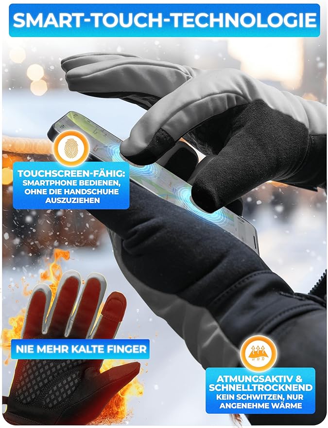 MIVELO Winterhandschuhe - Winddicht - Wasserdicht - Touchscreen - 3M Isolierung - Anti-Rutsch - Grau XXL