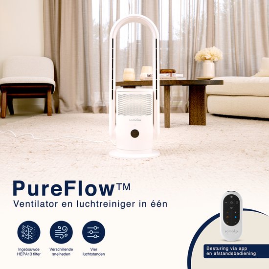 Samako - 3-in-1 Luftreiniger, Ventilator & Heizung - 2000W - Hepa 13 Filter - Inklusive Fernbedienung und App - weiß