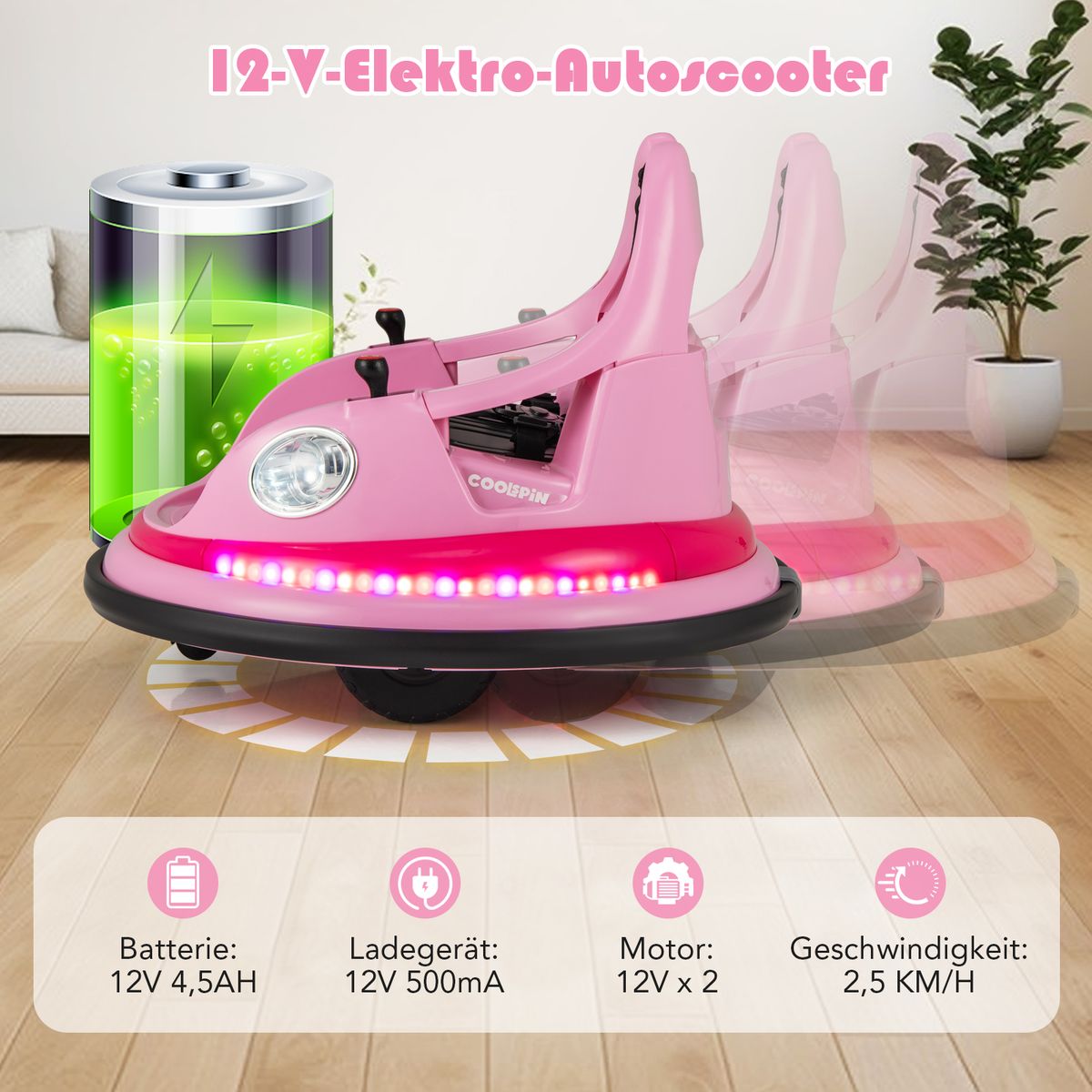 Coast Elektrisches Autoscooter-Auto für Kinder – 12 V mit Fernbedienung und zwei Joysticks – rosa