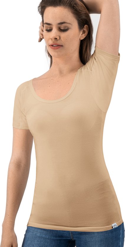 Anti Sweat Shirt - Fibershirts® - eingenähte Achselpads - Unterhemd - beige - Rundhalsausschnitt - Damen - Größe XL