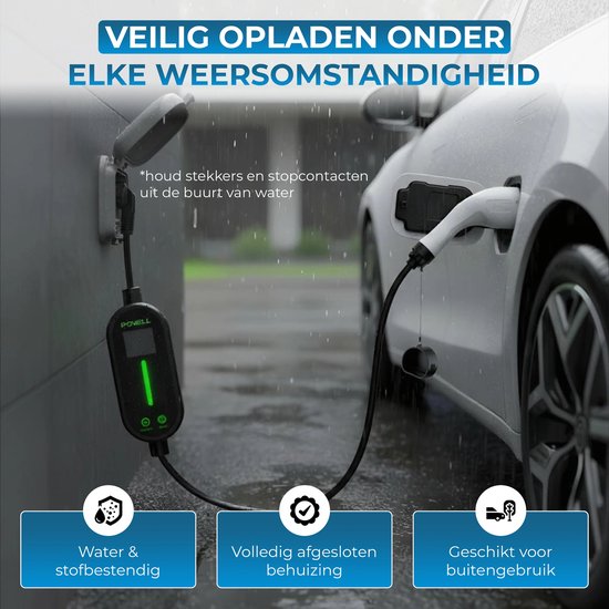 Powell Ladekabel Typ 2 - Mobile Home Charger Typ 2 - 3.5kW - IP67 Wasserdicht - 5 Meter Kabel - Inklusive Aufbewahrungstasche - Wasserdicht - Schwarz/Weiß