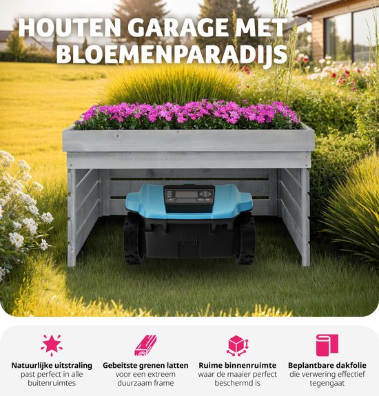 Tectake Mähroboter Garage - Holzgehäuse mit Gründach - Wetter- und UV-beständig - 84 x 78 x 46 cm - Grau
