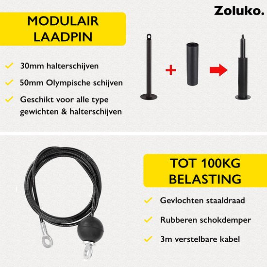 Zoluko Home Fitness Cable System 23-teiliges Set - Inkl. E-Book - Kraftstation für den Heimsport - Inkl. Trizepsseil, Bizepsstange und Griffe - 100kg Tragkraft - Einfache Befestigung - Krafttraining - Lat Pulley - Home Gym - Schwarz/Silber