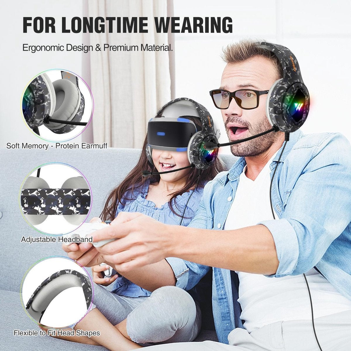 WINTORY M1 RGB light Gaming-Headset mit Stereomikrofon für PS4/PS5 Laptops-Xbox One - Camouflage Schwarz