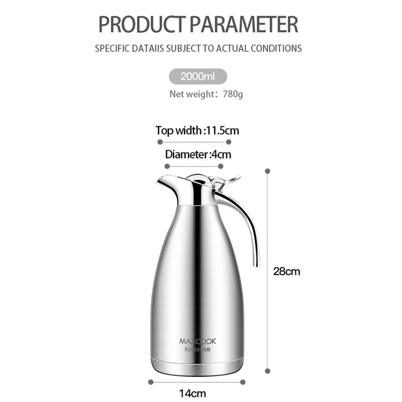 Maxcook Vakuumisolierter Heißwasserkessel aus Edelstahl, 2 l, MCH-478 – Edelstahl 304 – 2000 ml