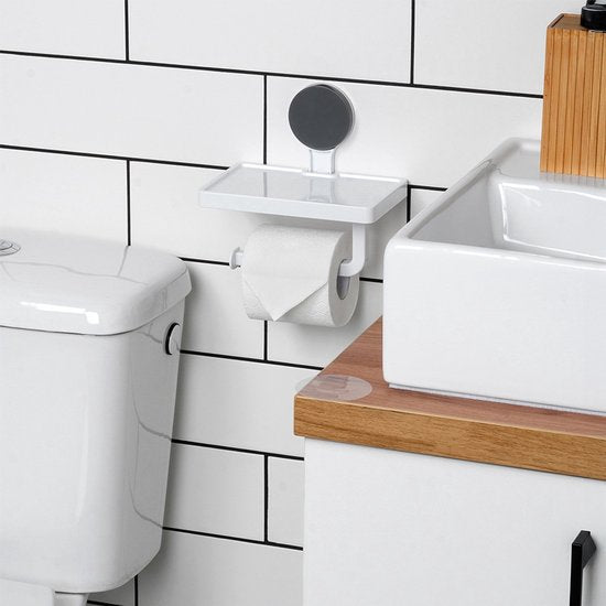 Bathroom Solutions – Toilettenpapierhalter mit Ablage – Weißer Kunststoff – Befestigung mit Saugnapf – Klassisches Design