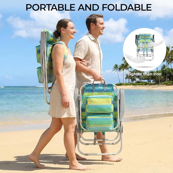 Luxuriöses Strandstuhl-Set (2er-Set) – Verstellbar (5 Positionen) – Zusammenklappbar mit Rucksackgurten, Kühltasche und Handtuchhalter – Grün/Blau gestreift
