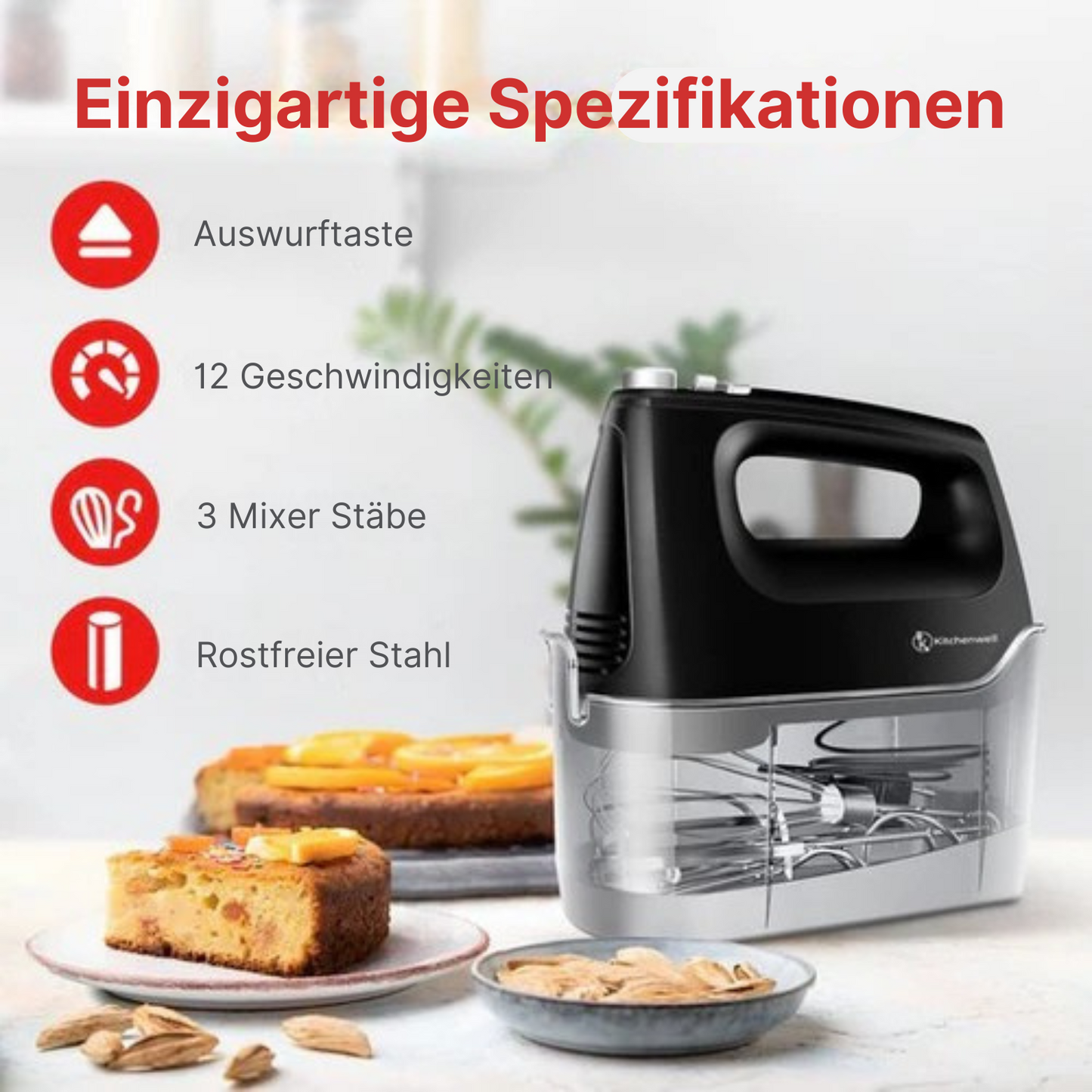 Kitchenwell - Handrührgerät - 6 Geschwindigkeiten und Turbofunktion - 400W - Schwarz