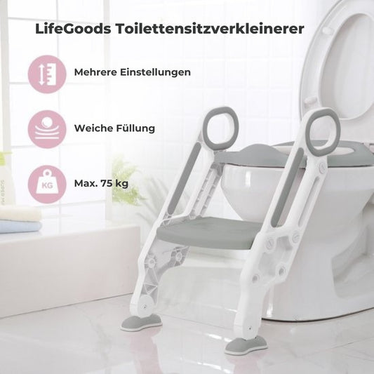 LifeGoods Toilettensitzverkleinerer - Mit Treppe - Töpfchen Kleinkind - 2 bis 7 Jahre - Grau/Weiß