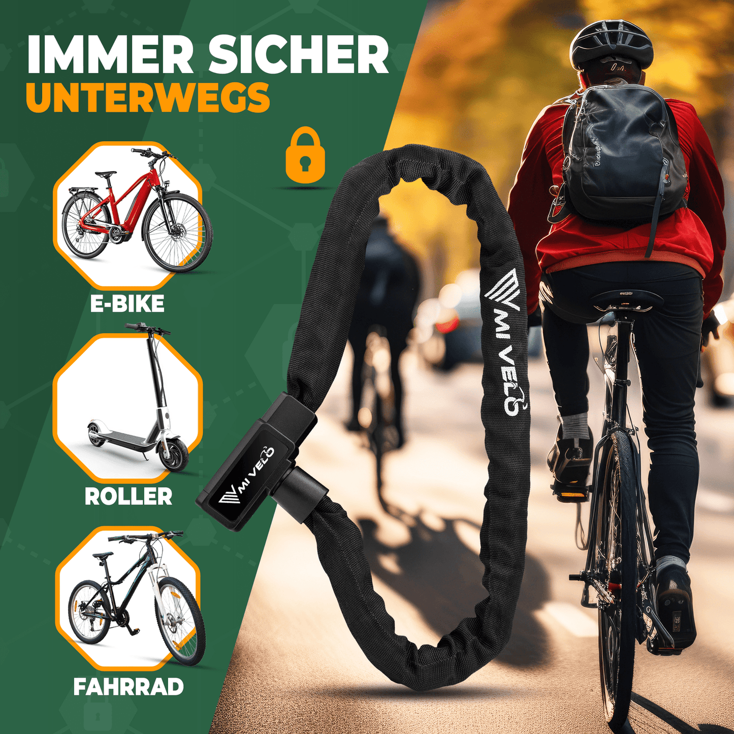 MIVELO Fahrradkette - Schlüsselschloss - 85 cm - Stahl - Schwarz